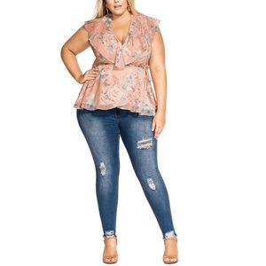 City Chic Moribana Floral Peach Blue Frilled Plus Size Wrap Top NWT Size XL/22